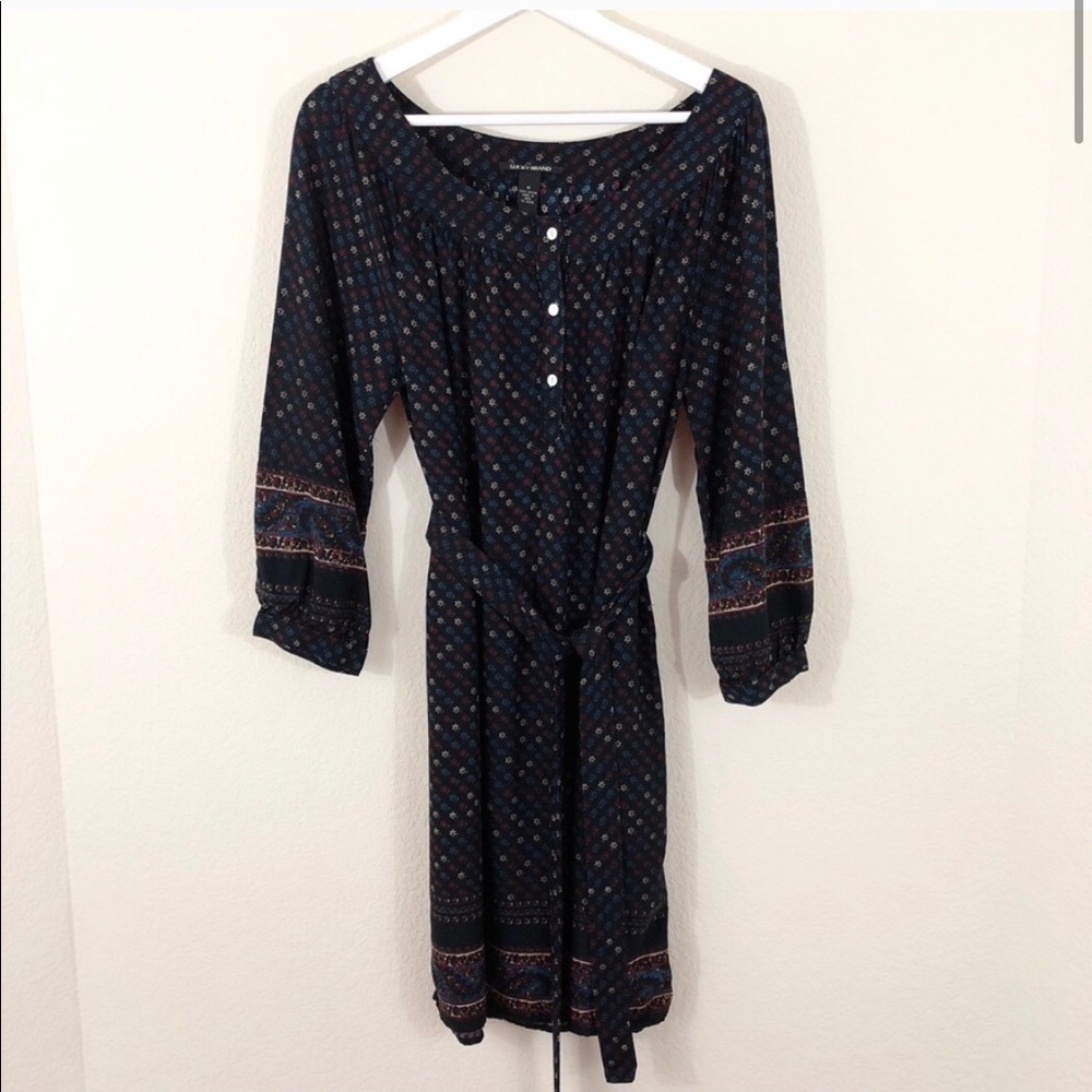 Long Navy Blue straight tunic dress with tie.